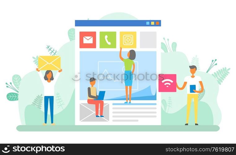 People working on website development vector. Man and woman with signs and icons, call phone and letter envelope, male with wifi connection sign flat style. Website Developers, Social Media Posting Workers