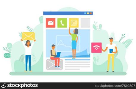 People working on website development vector. Man and woman with signs and icons, call phone and letter envelope, male with wifi connection sign flat style. Website Developers, Social Media Posting Workers