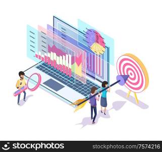 People working on website promotion vector. Digital marketing implemented by workers, target and workers aiming in bullseye, searching of data info. Digital Marketing Tools and Process, Isometric 3D