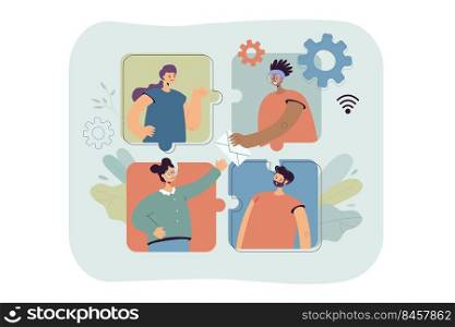 People working online in team.  Flat vector illustration. Puzzle of people communicating in group via Internet, sending messages to each other, making group calls. Teamwork, technology, media concept