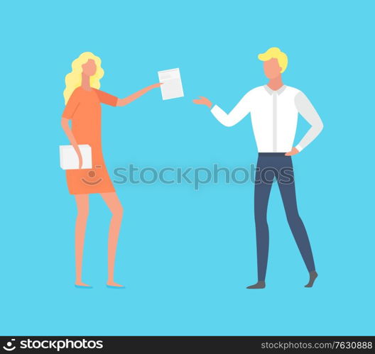 People working together, man and woman with documentation. Employer giving tasks to employee, male advisor and secretary of female boss job. Vector illustration in flat cartoon style. Woman Boss and Employee, People at Work Isolated