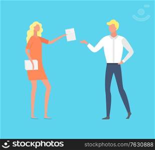 People working together, man and woman with documentation. Employer giving tasks to employee, male advisor and secretary of female boss job. Vector illustration in flat cartoon style. Woman Boss and Employee, People at Work Isolated
