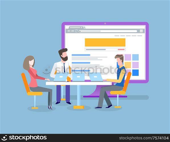 People working together on solving problem vector. Business meeting, conference with laptop showing opened website design. Monitor of computer with data. People on Conference, Brainstorming of Workers