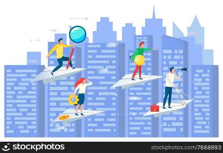 People working together vector, cityscape with team on paper plane. Leader and workers with tools, cogwheel and magnifying glass, briefcase and bulb. People following leader. Team business strategy. Business Team on Paper Plane, Ambitious People