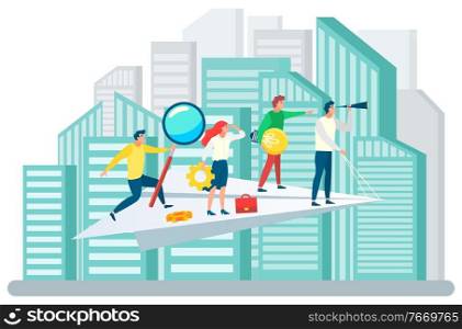 People working together vector, cityscape with team on paper plane. Leader and workers with tools, cogwheel and magnifying glass, briefcase and bulb. People following leader. Team business strategy. Business Team on Paper Plane, Ambitious People