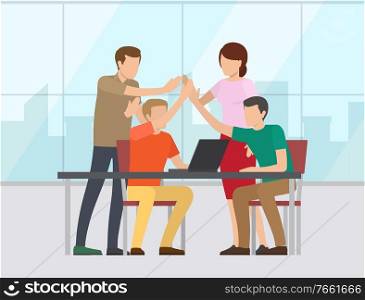People working together vector, collaboration of workers. Man and woman giving high-five, completion of task, successful teamwork, team in office. Successful Team Completing Working Task Vector