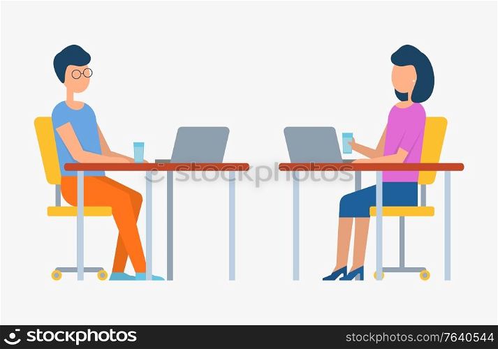 People working together vector, office workers doing tasks, man and woman drinking water from glasses, workplace flat style, business project development. Workers by Computer Man and Woman in Office Vector
