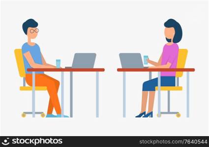 People working together vector, office workers doing tasks, man and woman drinking water from glasses, workplace flat style, business project development. Workers by Computer Man and Woman in Office Vector