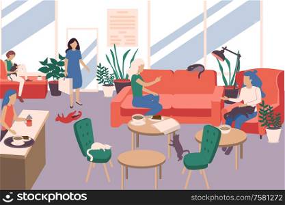 People working with cats composition with therapy symbols flat vector illustration