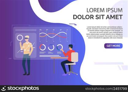People working with charts on virtual screens and sample text. Future, VR, cyberspace concept. Presentation slide template. Vector illustration for topics like business, technology, virtual reality. People working with charts on virtual screens and sample text