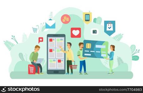 People working with development of application for online purchases vector. Smartphone with icons, credit card and like, email letter with order info. Online Shopping Smartphone with Icons Signs Vector