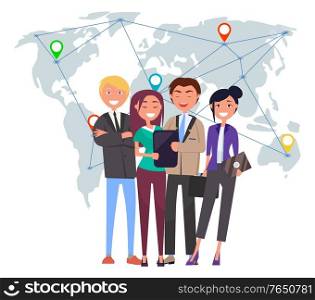 People working with international partners vector, man and woman with laptop and tablet. Teamwork business community with world map and pointers set. International Business Team with Gadgets Laptops