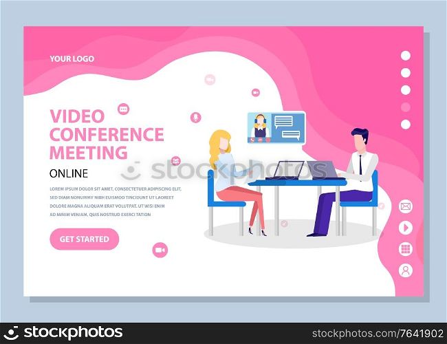 People working with laptop at table, video conference meeting, communication with monitor, internet connection, discussion with gadget vector. Pink website or webpage template, landing page flat style. Online Video Conference, Web Meeting, Chat Vector