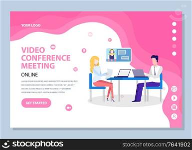 People working with laptop at table, video conference meeting, communication with monitor, internet connection, discussion with gadget vector. Pink website or webpage template, landing page flat style. Online Video Conference, Web Meeting, Chat Vector