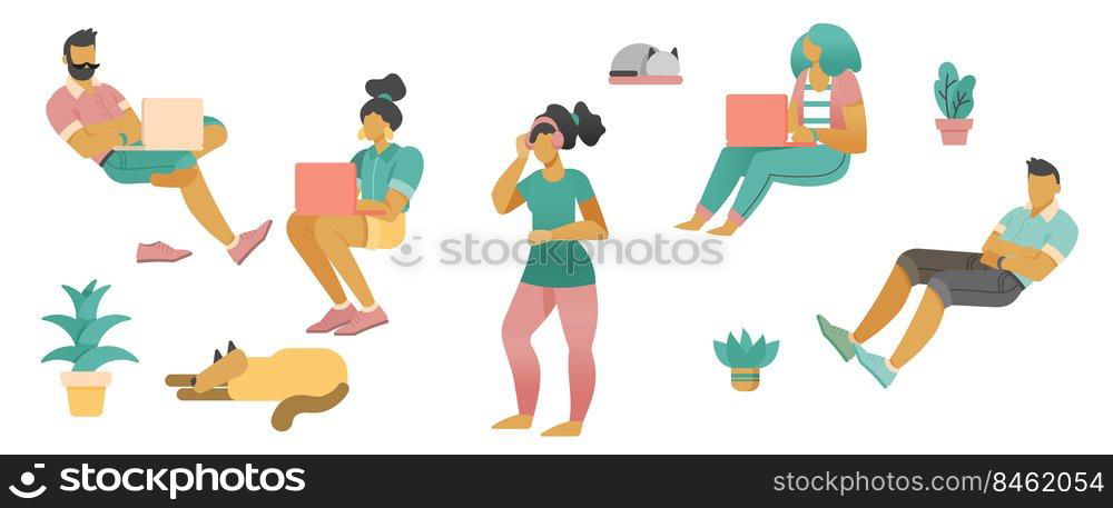 People working with laptop, Flat style cartoon faceless character. Lifestyle, self isolation, pandemic concept. Minimal vector illustration set.. People working with laptop.