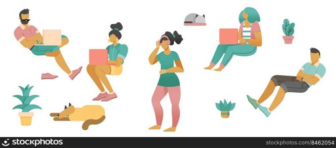 People working with laptop, Flat style cartoon faceless character. Lifestyle, self isolation, pandemic concept. Minimal vector illustration set.. People working with laptop.