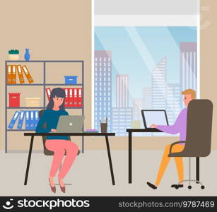 People working with laptops at workplace. Remote work, programming, online freelancing. Employees sitting with digital technology, performing tasks in office. Company workers communicate at work. Employees sitting with digital technology, performing tasks in office, communicate at workplace