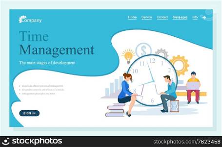 People working with projects in time vector, man and woman with laptops and data. Lady sitting on books, clock and gears process symbol text. Website about time managment flat style. Time Management Website Working People Webpage