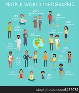 People world infographic. Vector in flat style design. Collection of peoples illustrations of all ages and human races in national clothes, different poses and variety professions. Isolated on white. . People World Infographic Vector in Flat Design.. People World Infographic Vector in Flat Design.