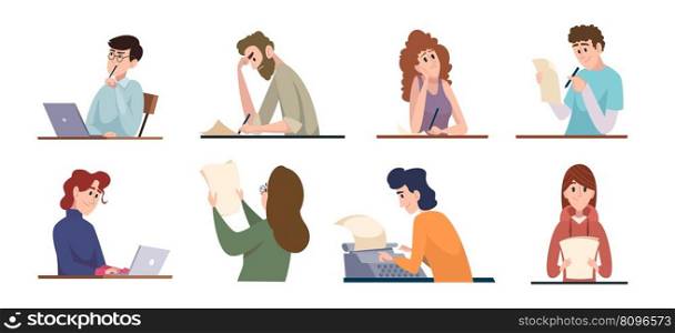 People writers. Creative copywriters typing articles and books computing bloggers freelancers exact vector cartoon characters writers. Illustration of author article or copywriter. People writers. Creative copywriters typing articles and books computing bloggers freelancers exact vector cartoon characters writers