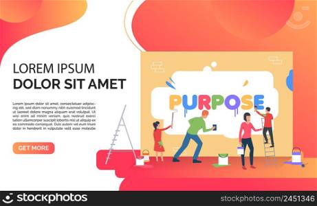 People writing word purpose on wall and sample text. Goal, management, teamwork concept, presentation slide template. Can be used for topics like business, management, marketing. People writing word purpose on wall and sample text