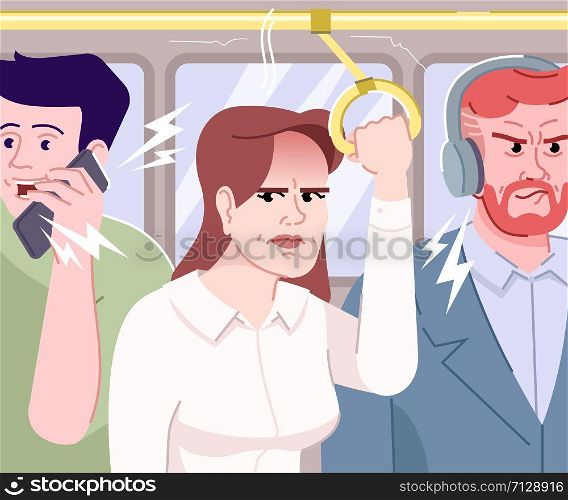 People yelling in bus flat vector illustration. Passenger talking loud and listening to music in public transport, stressed woman having headache cartoon characters. Stressful morning commuting