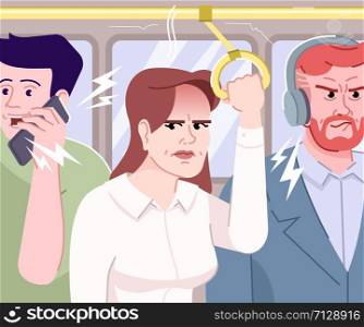 People yelling in bus flat vector illustration. Passenger talking loud and listening to music in public transport, stressed woman having headache cartoon characters. Stressful morning commuting