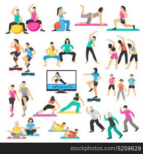 People Yoga Gymnastics Aerobics Set. Set of people doing yoga, gymnastics, aerobics including pregnant women, seniors, instructor and group isolated vector illustration