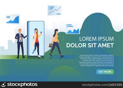 Peoples and mobile phone presentation vector illustration. Business, wireless technology, communication. Technology concept. Creative design for layouts, web pages, banners. Peoples and mobile phone presentation vector illustration