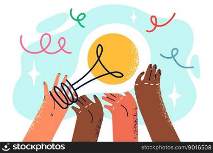 Peoples hands with light bulb symbolizing joint generation of ideas and solutions. People with different skin colors work together as team and participate in brainstorming session to find new ideas . Peoples hands with light bulb symbolizing joint generation of ideas and solutions