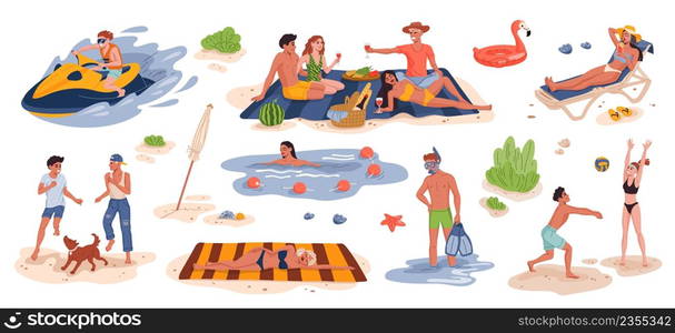 Peoples on summer beach vacation. Flat style vector characters of tourists on shore, man and woman sunbathing, playing volleyball and having picnic on beach, swimming, diving and ridding jet ski. People on summer vacation, beach activities scenes