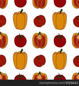 Pepper and tomato seamless pattern for wallpaper design. Fresh ripe color food. Organic healthy vegetable. Raw, vegan, vegetarian food. Cartoon pattern on white backdrop. Vector doodle design. . Pepper and tomato seamless pattern