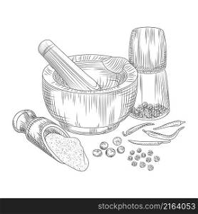 Pepper in a mortar with a pestle. Allspice, black pepper and chili. Pepperbox, mortar, pestle. Engraving vintage style. Vector illustration.. Pepper in a mortar with a pestle. Allspice, black pepper and chili.
