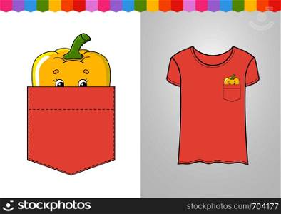 Pepper in shirt pocket. Cute character. Colorful vector illustration. Cartoon style. Isolated on white background. Design element. Template for your shirts, books, stickers, cards, posters.