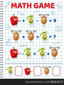 Pepper, olive and potato characters, math game worksheet, vector education maze. Kids math puzzle with vegetables for mathematics addition and subtraction riddle for count and calculation skills. Pepper, olive and potato characters, math game