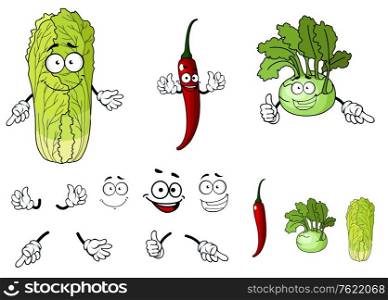 Pepper, radish and cabbage cartoon vegetables isolated on white background