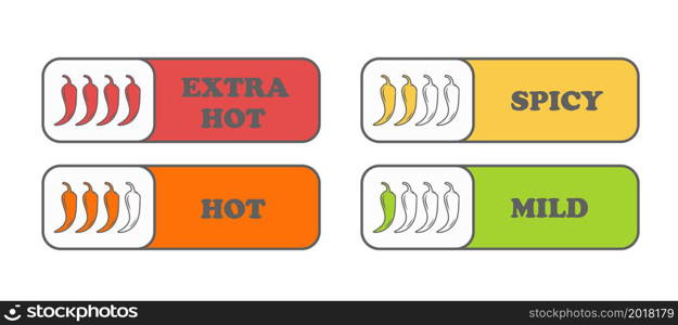 Pepper Spice Levels. Hot pepper sign for packing spicy food. Pepper sauce stickers. Pepper Spice Levels. Hot pepper sign for packing spicy food. Pepper sauce stickers.