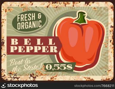 Pepper vegetable metal plate rusty, farm market food price, vector retro poster. Natural organic bell pepper or paprika sweet pepper, agriculture vegetables food price on metal plate with rust. Pepper vegetable metal plate rusty, farm market