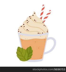 Peppermint white chocolate mocha coffee. Winter hot drink. Cartoon flat vector illustration