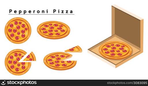 Pepperoni Pizza, box of pizza, isometric pizza, slice of pizza.