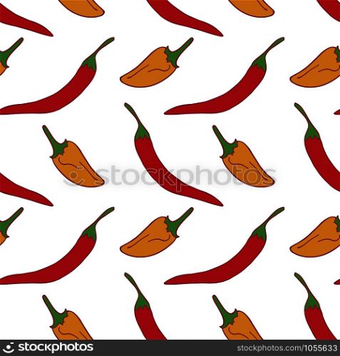 Peppers seamless pattern for wallpaper design.Two kid of pepper. Fresh ripe color food. Organic healthy vegetable. food. Cartoon pattern on white backdrop. Vector doodle design. . Peppers seamless pattern