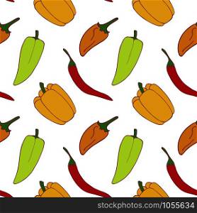 Peppers seamless pattern for wallpaper design.Two kid of pepper. Fresh ripe color food. Organic healthy vegetable. food. Cartoon pattern on white backdrop. Vector doodle design. . Peppers seamless pattern