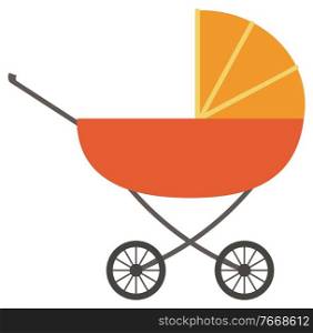Perambulator with wheels and handle vector. Isolated pram for newborn kids and toddlers. Transportation of baby in pram. Gender-neutral carriage or buggy of orange color icon flat style illustration. Pram with Newborn Kid, Isolated Stroller Vector