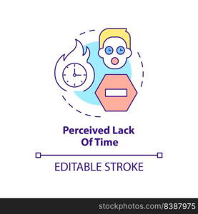 Perceived lack of time concept icon. Barrier to change management abstract idea thin line illustration. Isolated outline drawing. Editable stroke. Arial, Myriad Pro-Bold fonts used. Perceived lack of time concept icon