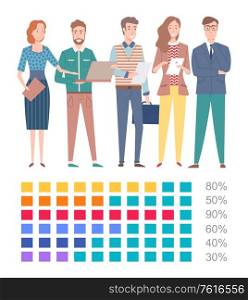 Percent report, colorful squares with numbers, people standing with papers and laptop, charts and graph presentation, flat geometric statistic vector. Square Icons, Chart or Graph Presentation Vector