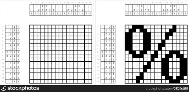 Percent Sign Icon Nonogram Pixel Art, %, Per Cent Sign,Percentage, Ratio As A Fraction Of 100 Vector Art Illustration, Logic Puzzle Game Griddlers, Pic-A-Pix, Picture Paint By Numbers, Picross