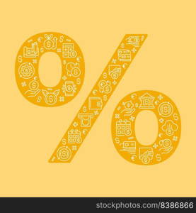 Percent sign shaped concept filled with editable linear icons. Discount rate. Financial accounting. Bank deposits. Simple thin line symbols composition on orange background. Vector outline drawing. Percent sign shaped concept filled with editable linear icons