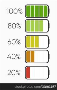 Percentage of charging or Charging level Battery. Batteries charging icon. Electricity symbol - energy sign. Power Battery illustration. Set of low and full status. Percentage of charging or Charging level Battery. Batteries charging icon. Electricity symbol - energy sign. Power Battery illustration.