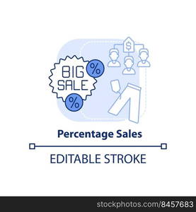 Percentage sales light blue concept icon. Product price reduction. Type of discounts abstract idea thin line illustration. Isolated outline drawing. Editable stroke. Arial, Myriad Pro-Bold fonts used. Percentage sales light blue concept icon