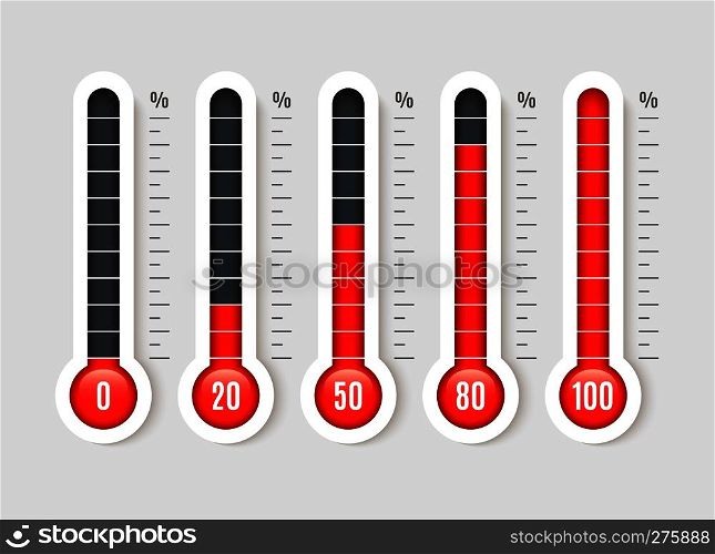 Percentage thermometer. Temperature thermometers with percentages scale. Thermostat temp business measurement vector isolated set. Percentage thermometer. Temperature thermometers with percentages scale. Thermostat temp business measurement vector isolated